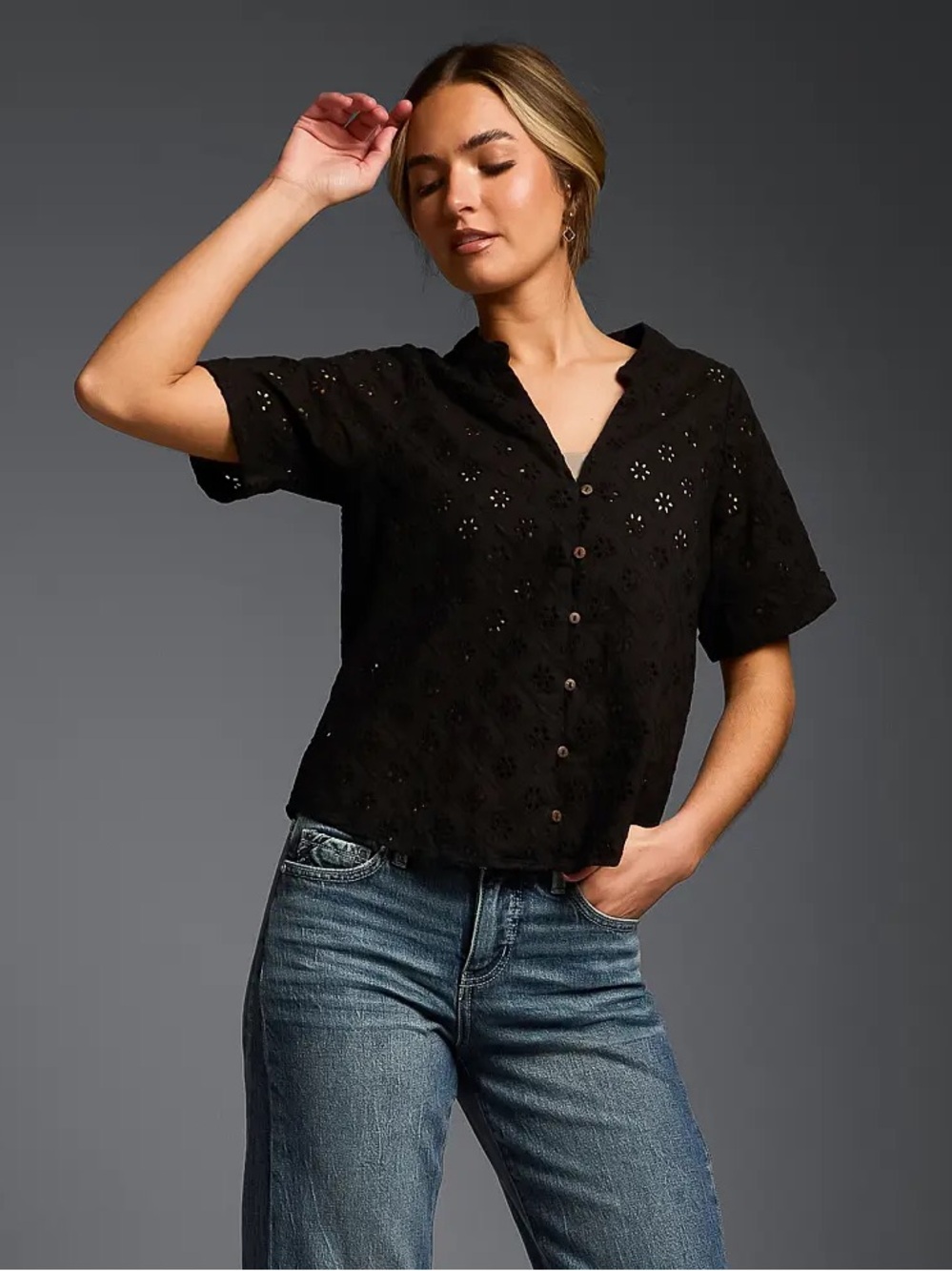 Buckle Black Eyelet Button-Down Short Sleeve Blouse
